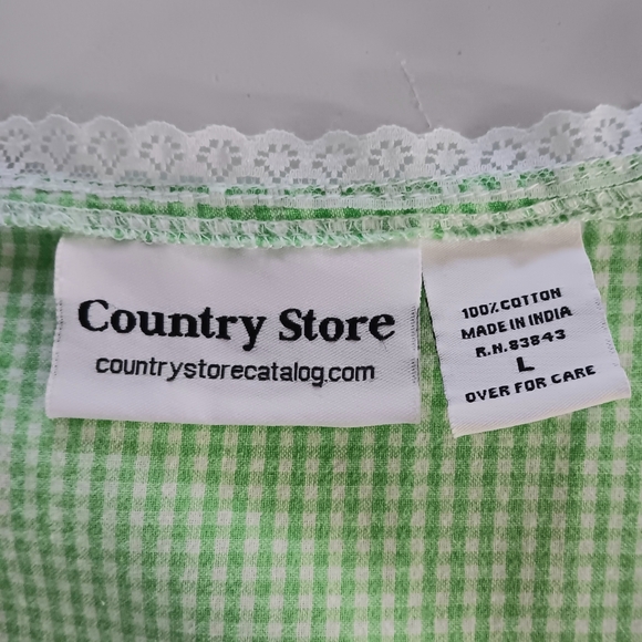 Country Store cotton green white gingham housecoat nightgown w lace hems. Large - Picture 11 of 11